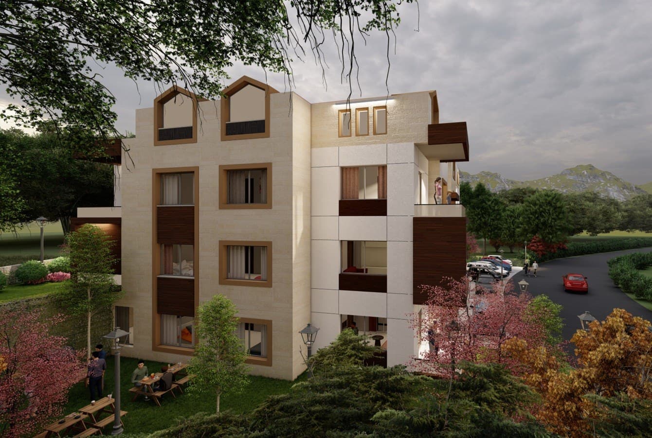 Rear elevation of Ainwzein Residence 01 with balconies overlooking the valley