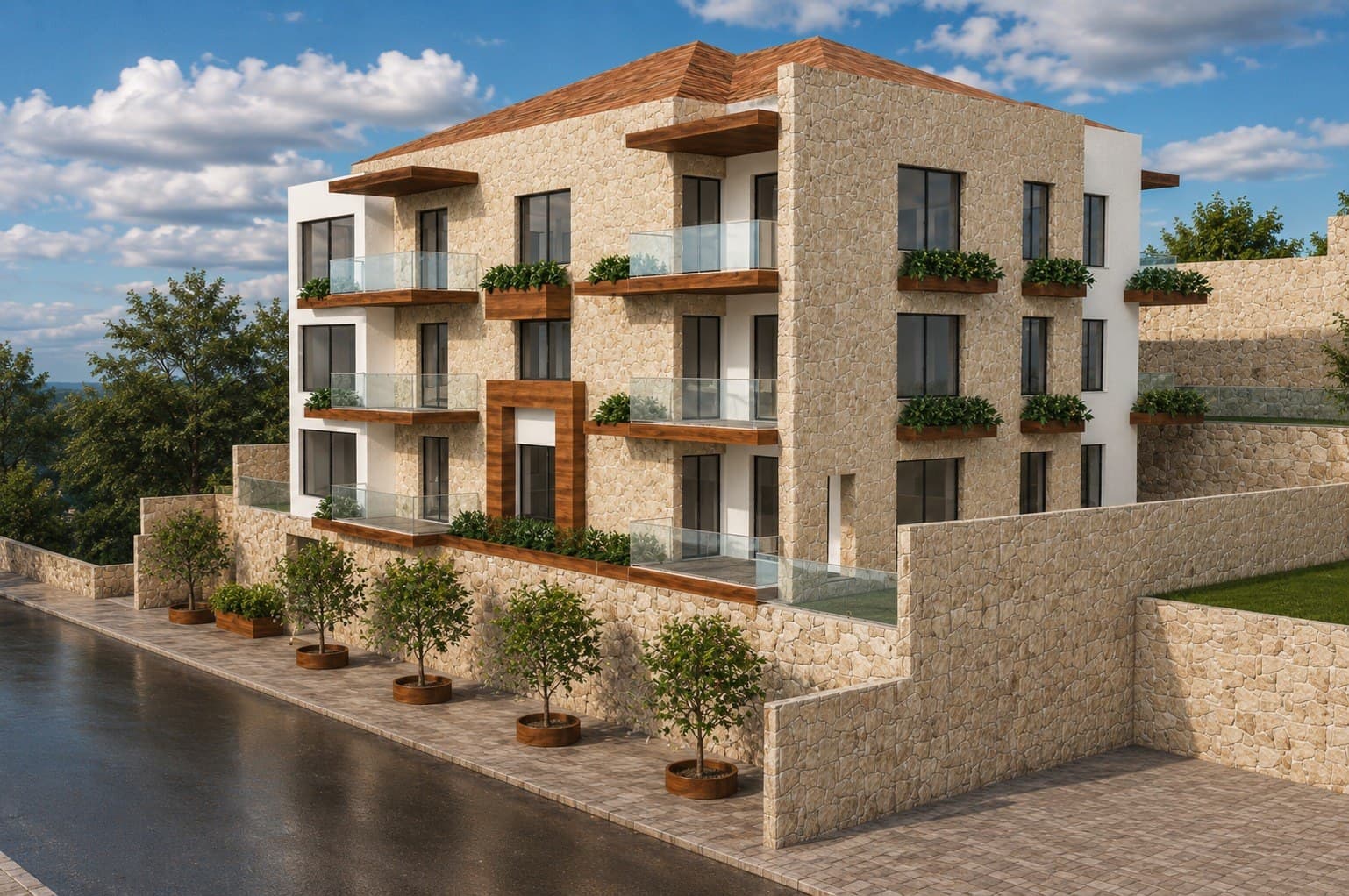 الواجهة الأمامية لمبنى عين وزين السكني 02 بكسوة حجرية وشرفات مزروعة