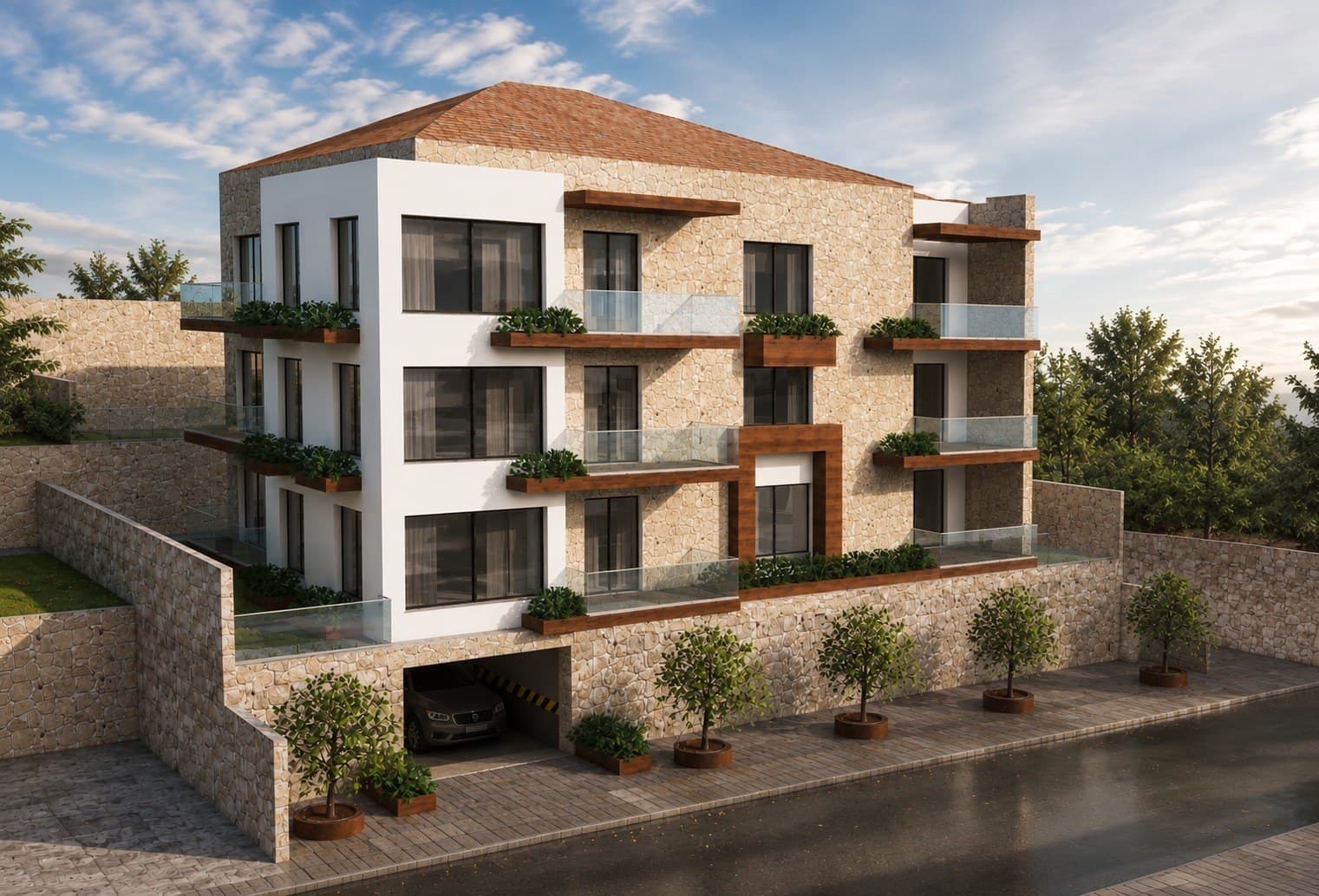 Side view of Ainwzein Residence 02 showing the stone retaining walls and covered parking